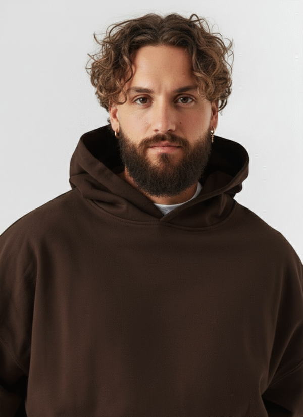 Oversized brown hoodie front closeup view 350 GSM fleece